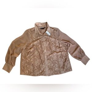 New York & Company Lace Button Down Shirt in Tan 2X